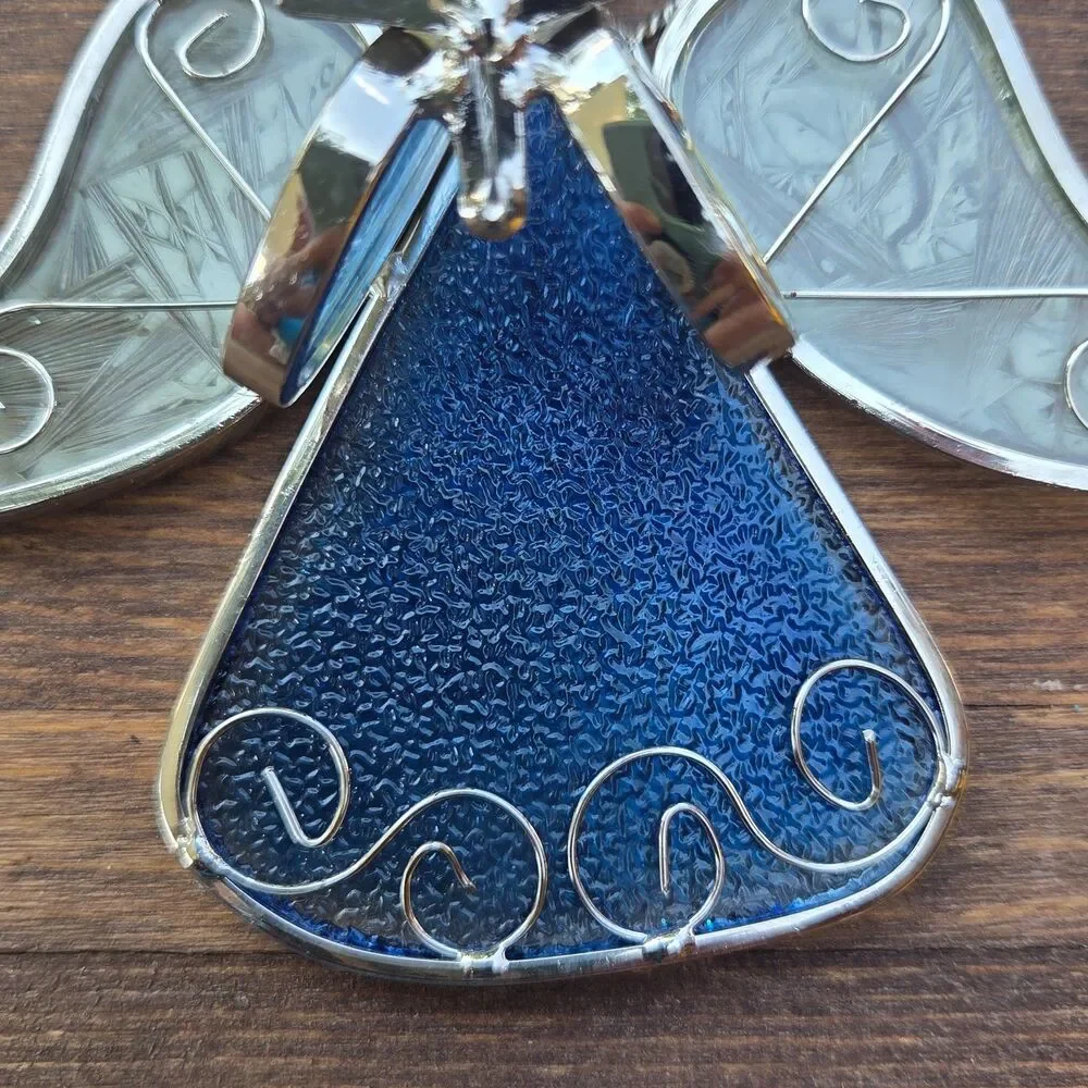 Stained Glass Angel Figurine Blue Gold Tone Christmas Decor 5 Inch